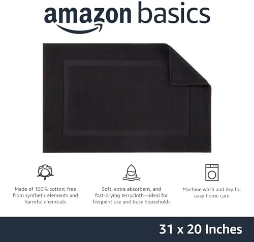 Amazon Basics Banded 100% Cotton Machine Washable Bathroom Bath Rug Mat, 31" x 20", Black - Image 3