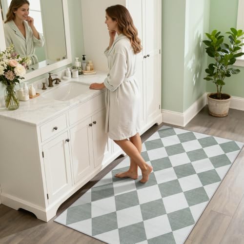 Beeiva Checkered Print 3x5 Washable Rug for Entryway, Non Slip Soft Small Bedroom Rug 3x5 Ultra Thin Moroccan Bathrooom Decor, Gingham Plaid Carpet for Laundry Entry Kitchen Nursery (Green/White) - Image 2