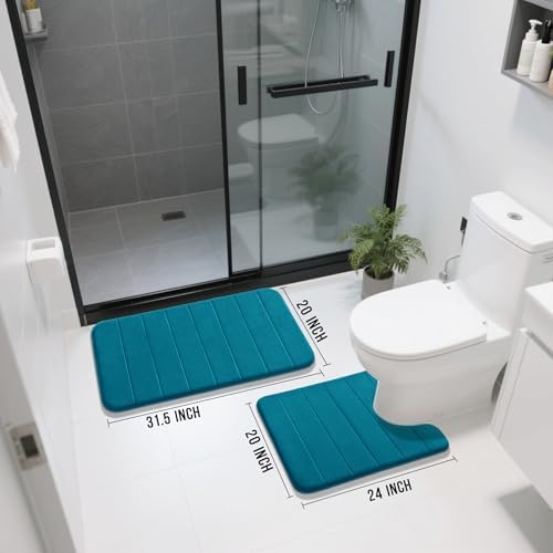 Yimobra Memory Foam Bathroom Mat Set, 31.5 x 20 & 24 x 20 in, Peacock Blue - Image 2