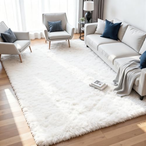 8x10 Fluffy Shag Area Rugs for Living Room Bedroom: Soft Plush Carpet White by CarpetAddColortoYourLife
