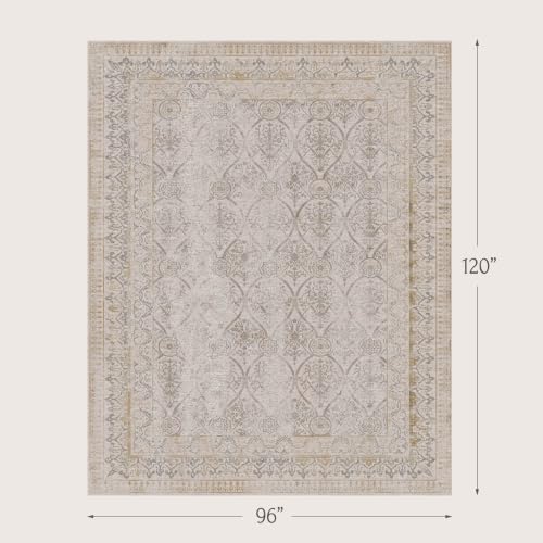 Ivory Transitional 8x10 Area Rugs for Living Room & Bedroom, Non-Slip Washable Vintage Distressed Rug for Dining Room, Low Pile Stain Resistant Floor Carpet, Soft Transitional Décor - Image 2