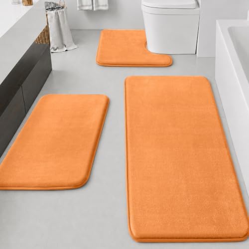 HUXMEYSON Bathroom Rugs Sets 3 Piece, Non-Slip & Quick Dry Bath Mat Set, Ultra Soft Velvet Bath Rugs for Bathroom, Toilet and Shower Floor, Orange by HUXMEYSON