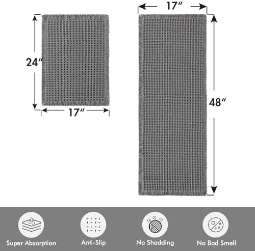 MIULEE Set of 2 Waffle Bathroom Rugs Dark Grey Bath Mat 17"x24"+17"x48" - Image 2