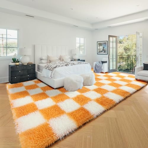 KICMOR 8x10 Area Rugs for Living Room, Large Soft Fluffy Checkered Big Fuzzy Shag Shaggy Carpet for Bedroom, Orange and Cream White Plush Rug for Kids Boys Girls Dorm Nursery Home Decor Aesthetic - Image 3