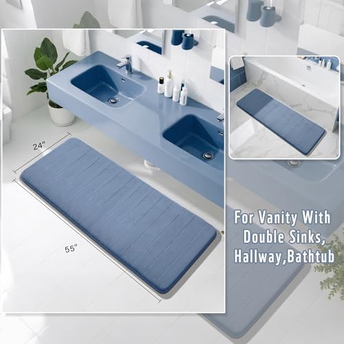 Yimobra Bathroom Runner 55"x24", Non Slip Memory Foam Bath Mat, Super Soft Water Absorbent Hallway Carpet, Machine Washable Rug for Vanity Tub Shower, Denim Blue - Image 2