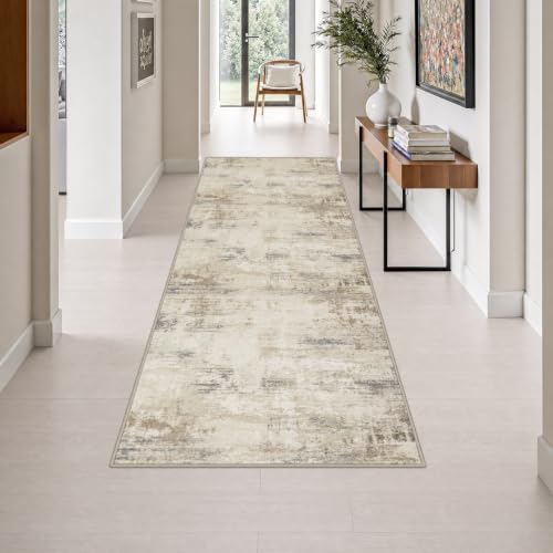 3x8 Washable Runner Rug：Modern Abstract Soft Carpet Beige Brown by FXRHLP