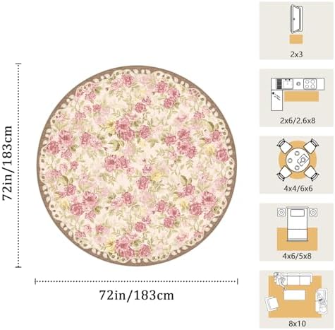 Washable 6ft Round Area Rug, Cream Boho Floral Non-Slip for Living Room - Image 2