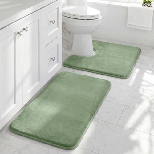 HUXMEYSON Bathroom Rugs Sets 2 Piece, Non-Slip & Quick Dry Bath Mat Set, Ultra Soft Velvet Bath Rugs for Bathroom, Toilet and Shower Floor, Grey Green by HUXMEYSON