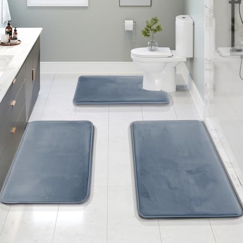 Clara Clark 3 Piece Bathroom Rugs, Velvet Memory Foam Bath Mat Set, Non-Slip Bath Rugs, Machine Wash, Dries Quickly, Ultra Soft Plush Bath Mats for Bathroom, 17 x 24/20 x 32 / Contour, Stone Blue by ClaraClark