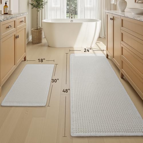 Upgraded Waffle Bath Mat Set of 2 Absorbent Bathroom Mat 18"x30" + 24"x48" - Image 2