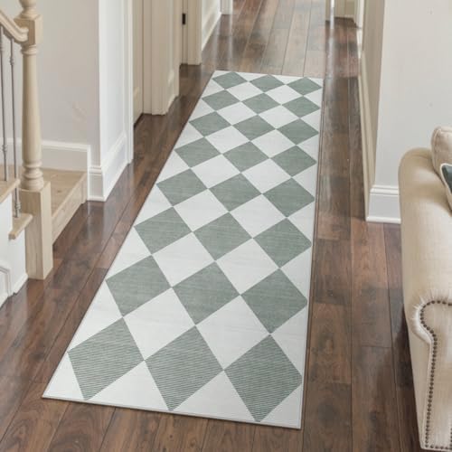Beeiva Checkered Print Bathroom Runner Rug 2x6, Washable Non Slip Runner Rug for Hallway Ultra Thin Soft 2x6 Capet for Bedroom Decor, Modern Diamond Alfombra for Kitchen Laundry Entryway (Green/White) by Beeiva