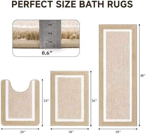 Pauwer Bathroom Rugs 3 Piece Set, Non Slip Washable Bath Mat, Beige - Image 2
