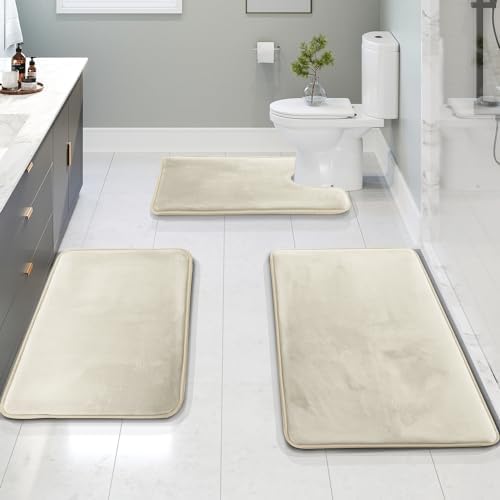 Clara Clark 3 Piece Bathroom Rugs Bath Mat Set, Velvet Memory Foam Bath Mats for Bathroom - Non-Slip, PVC Backing Bath Rugs, Washable - Dries Quickly, White - Image 2