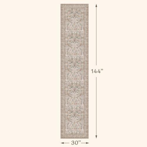 Vintage Floral Moss Green 2'6"x12' Hallway Runner Rug Non Slip - Washable 12 ft Extra Long Farmhouse Carpet, Neutral Taupe Brown Indoor Rug for Entryway, Kitchen - Image 2