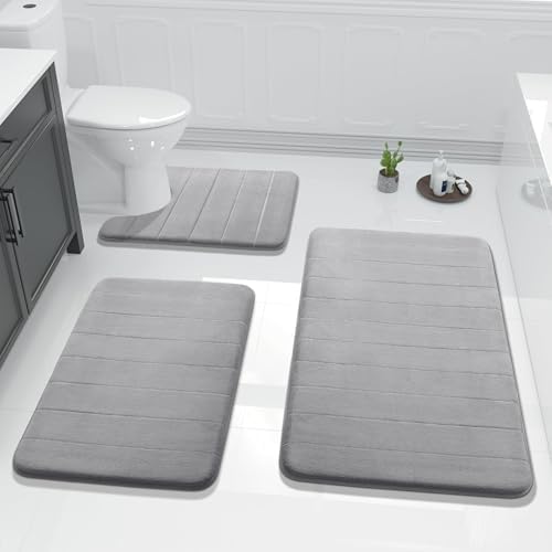 Yimobra 3 Pieces Memory Foam Bath Mat Set with U-Shaped Toilet Rug - Non Slip Super Soft Absorbent Quick Dry Bathroom Rugs for Bathtub, Vanity & Toilet Base, Gray by Yimobra