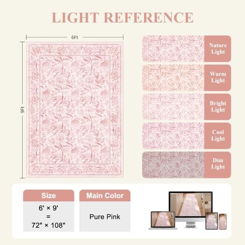 DUKINO 6x9 Area Rug Vintage Floral Washable Rugs for Living Room Light Pink - Image 2