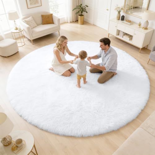 OLANLY White Round Rugs for Bedroom - Machine Washable, 7 ft Circle Area Rugs for Living Room, Soft and Fluffy Shaggy Carpet for Teen Girls and Boys, Nursery Rooms, Dorms, Home Decor Aesthetic by OLANLY