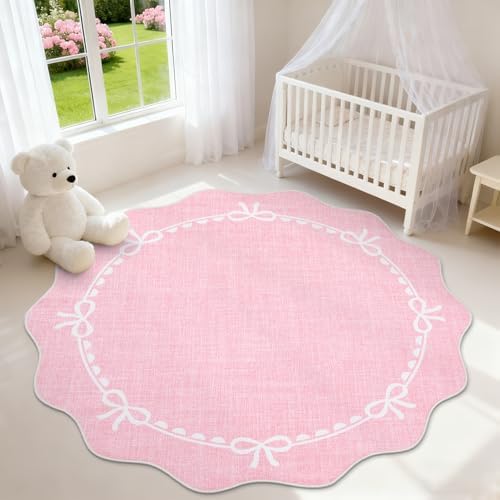 GarveeHome 5ft Round Rugs Washable Scalloped Bow Rug for Bedroom, Pink by GarveeHome