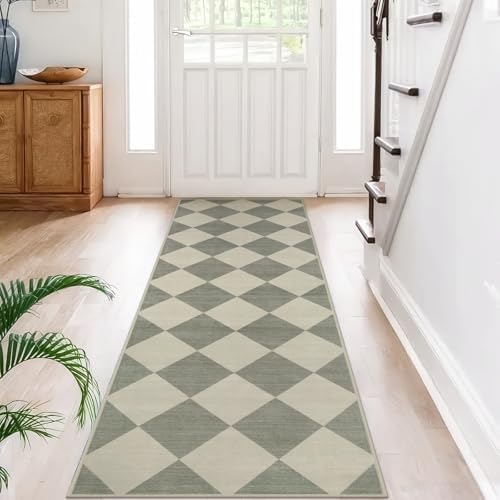 Beeiva Checkered Print Kitchen Runner Rugs Non Skid Washable 2.5x8, Ultra Thin Low Pile Green Runners for Hallways 8ft, Geometric Farmhouse Floor Carpet for Bedroom Entryway, Modern Plaid Home Decor by Beeiva