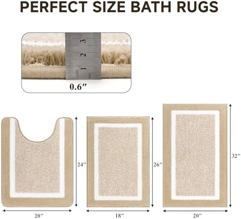 Pauwer 3 Piece Bathroom Rug Set, Non Slip Washable Bath Mat, Beige - Image 2