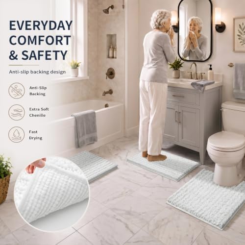 Yimobra Bathroom Rug Set 3 Piece, Super Water Absorbent Bath Mat Set, White - Image 5