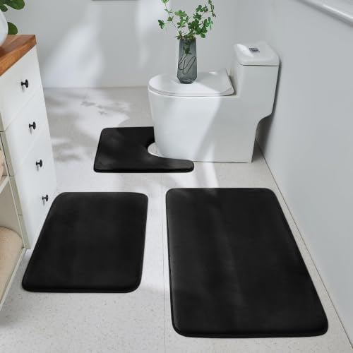 HUXMEYSON 3-Piece Memory Foam Bathroom Rug Set, Black by HUXMEYSON