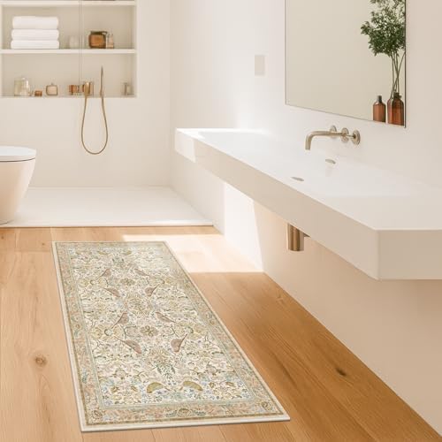 Hazo Haus Boho Bathroom Runner Rug 2x5 - Floral & Bird Runner Rug for Kitchen Floor, Hallway, Laundry Room, Bedroom, Entrance, Beige Neutral Vintage Decor, Washable Non Slip Low Pile - Image 6