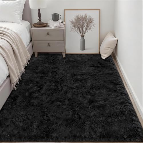 Area Rug Living Room Bedroom: 4x6 Fluffy Plush Shag Carpet Black - Image 3