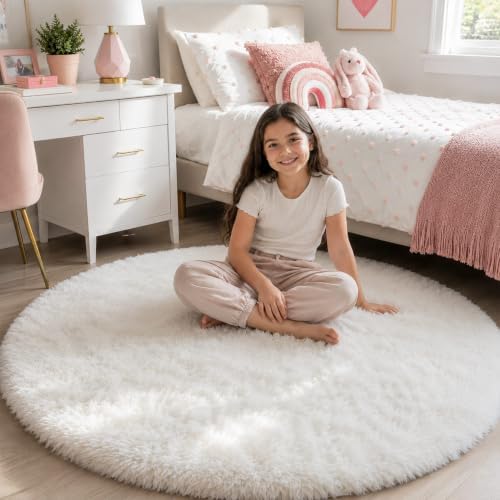 Cream White Fluffy Round Rug 4ft, Soft Washable for Nursery by OHWPEAT