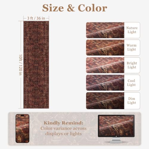 Washable Hallway Runner Rug 3'x10', Vintage Medallion, Dark Red - Image 2