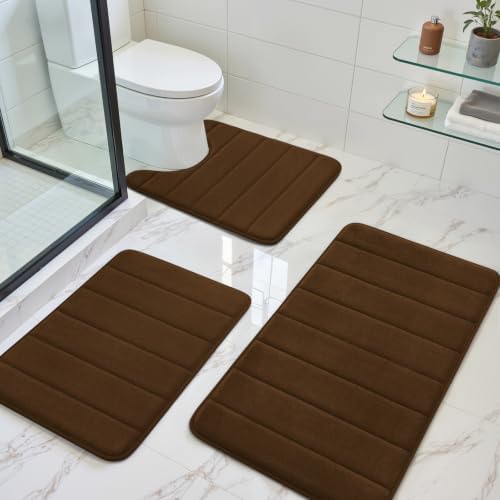 BYSURE Brown Memory Foam Bathroom Rug Set 3 Piece, Non Slip Extra Soft Absorbent Bath Mats, Machine Washable & Dry Toilet Mat Sets for Bathroom Floor by BYSURE