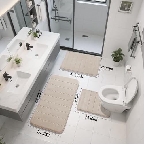 Yimobra 3 Pieces Memory Foam Bath Mat Set with U-Shaped Toilet Rug - Non Slip Super Soft Absorbent Quick Dry Bathroom Rugs for Bathtub, Vanity & Toilet Base, Beige - Image 2