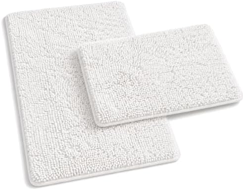 White Bathroom Rugs and Mats Set, 2 Piece Chenille Bath Mat Set, Machine Wash Dry, Non Slip Absorbent Shaggy Bath Rug for Bath Room, Shower and Tub (20" x 32"+16" x 24") Bathroom Rug St Accessories by RUNHELIX
