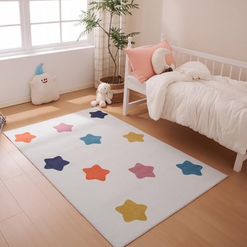 Amazon Basics Kids Printed Area Rug, Soft, Non-Slip, Machine Washable, 4' W × 6' L, Colorful Stars - Image 2