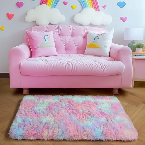 Amdrebio Rainbow Unicorn Pastel Small Mini Area Rug 2x3 for Kids Bedroom - Image 3