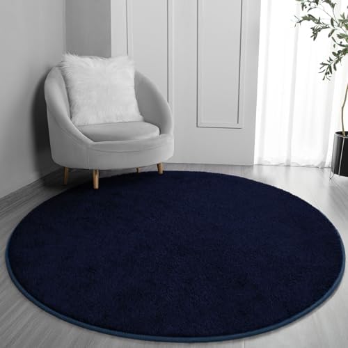FlyDOIT Round Area Rugs for Bedroom Living Room, 4x4 Navy Blue Super Soft Comfy Thickened Memory-Foam Indoor Circle Carpets, Modern Aesthetic Minimalist Carpet for Boys Girls Adults Nursery Home Décor by FlyDOIT