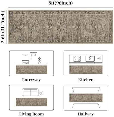 Brown Washable Runner Rug 2.6x8, Vintage Rug Runners for Hallway - Image 2