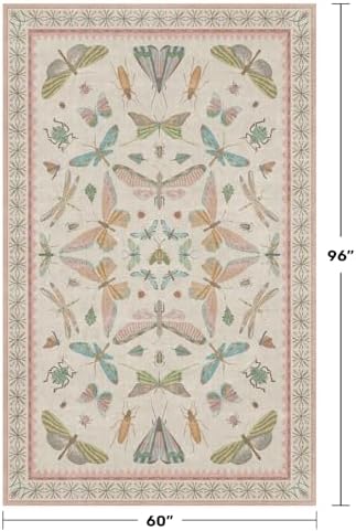 Hazo Haus Washable 5x8 Light Pink Rug for Bedroom - Pink Boho Girl Nursery Rug, Living Room, Nature Insect Bug Print Home Decor - Image 2