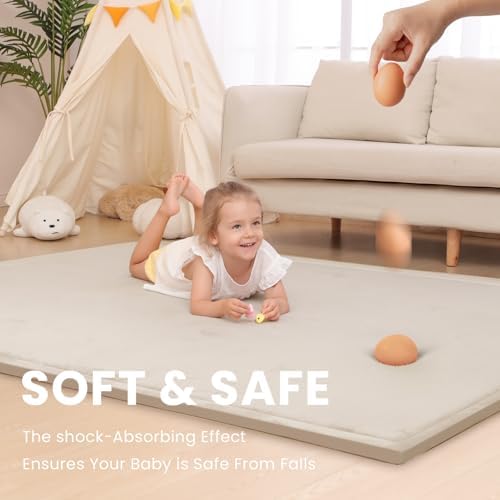 Baby Play Mat for Floor,1.3" Thick Elasti-Foam 74×50 Playpen Mat for Toddlers Infant kids,Water-Repellent Soft Coral Velvet for Tummy Time, Non-Slip Backing for Crawling,Tatami Style(Beige) - Image 4