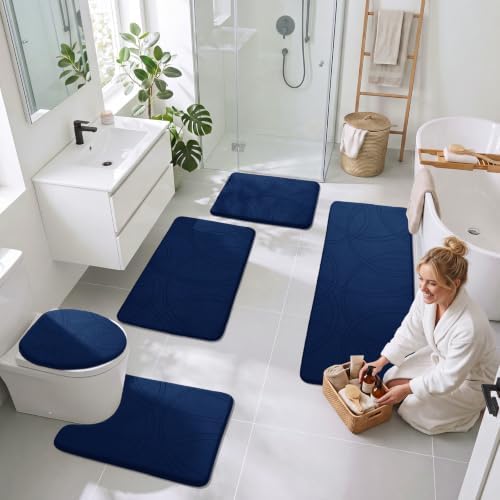 YIHOUSE 2 Piece Memory Foam Bathroom Rug Set, Cushioned Bath Mat, Dark Blue - Image 7