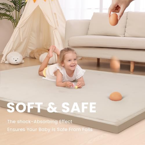 Large 79"x118" Baby Activity Play Mat for Floor,2" Extra Thick Elasti Foam Mat for Tummy Time &Crawling,Non-Slip Nursery Rug for Infants,Toddlers & Kids,Tatami Style for Classroom&Playroom (Beige) - Image 3
