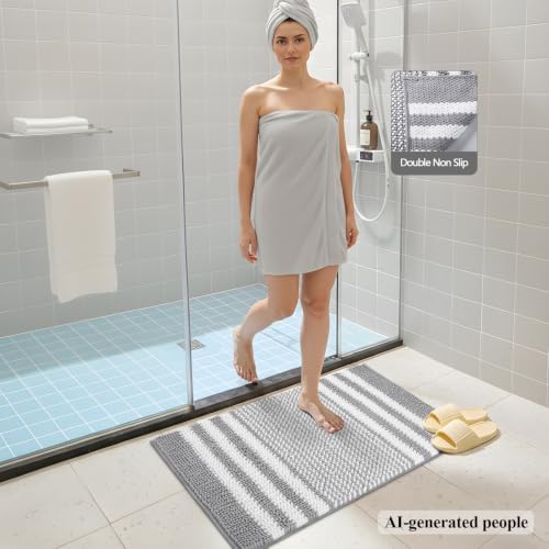 BSICPRO Bathroom Rugs Sets 2 Piece, Non Slip Striped Bath Mats, Light Grey - Image 6