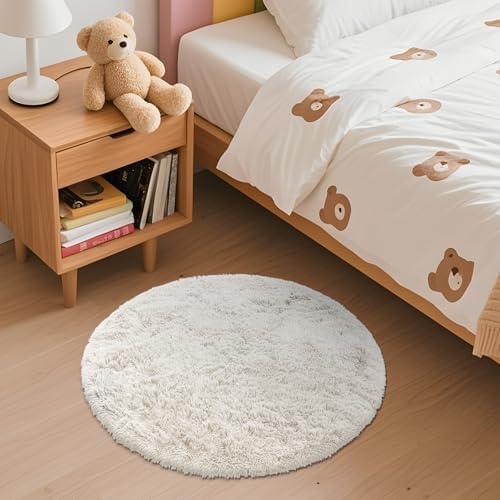 OLANLY Ivory Round Rugs for Bedroom - Machine Washable, 2 ft Circle Area Rugs for Living Room, Soft and Fluffy Shaggy Carpet for Teen Girls and Boys, Nursery Rooms, Dorms, Home Decor Aesthetic - Image 3
