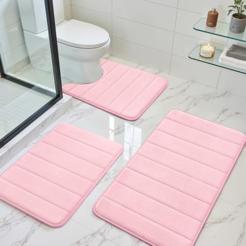 BYSURE Pink Memory Foam Bathroom Rug Set 3 Piece by BYSURE