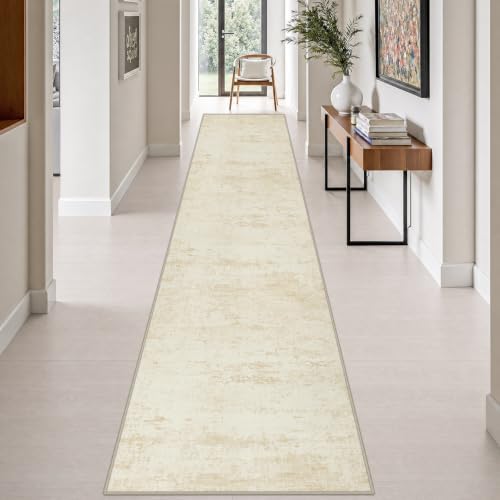 2.6x14 Washable Runner Rug:Modern Abstract Indoor Soft Carpet Beige by FXRHLP