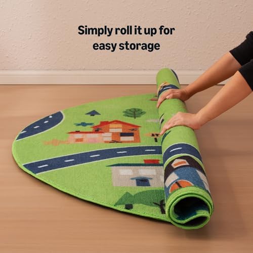 Amazon Basics Kids Washable Round Area Rug, Circle Printed Carpet Play Mat for Living Room, Bedroom, Nursery, Classroom, 4' R, City Road Green - Image 6