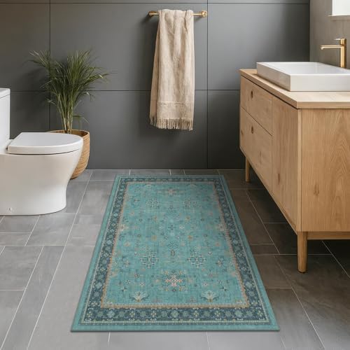 Hazo Haus Teal 3x6 Wide Non Slip Kitchen Rug - Washable Front Door Runner Indoor Entrance, Vintage Floral Pattern Indoor Decor, Non Slip Soft Low Pile Fade Resistant by HazoHaus