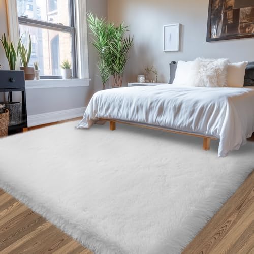 White Fluffy Bedroom Area Rug: 5x7 Soft Fluffy Carpet - Image 2