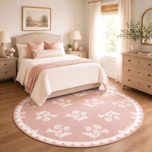 Pink Round Rug 4ft - Soft Washable Boho Floral Round Bedroom Rug - Image 4