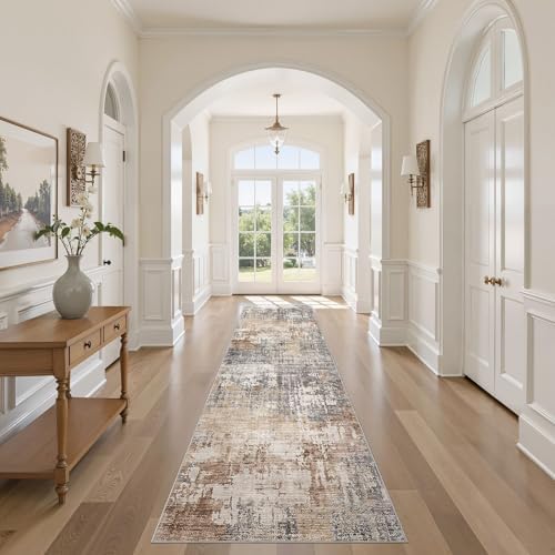 DMOYEST Washable Runner Rug for Hallway: 2.6x10 Neutral Modern Abstract Low Pile Area Rug with Non-Slip Backing - Carpet for Bedroom Kitchen Laundry Entryway Bathroom Indoor - Grey Brown by DMOYEST